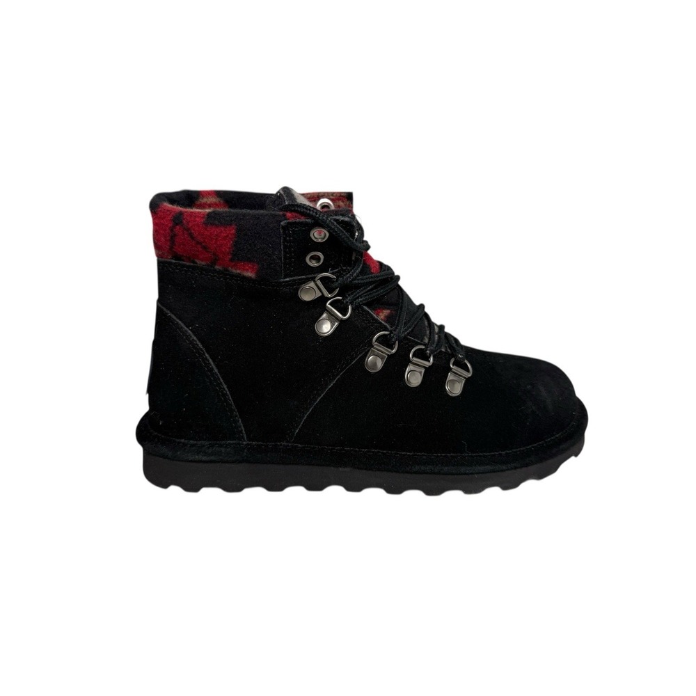 Bearpaw Marta Suede Lace-up Boot‎ Black With Red Wool Women's Size 7 No Box